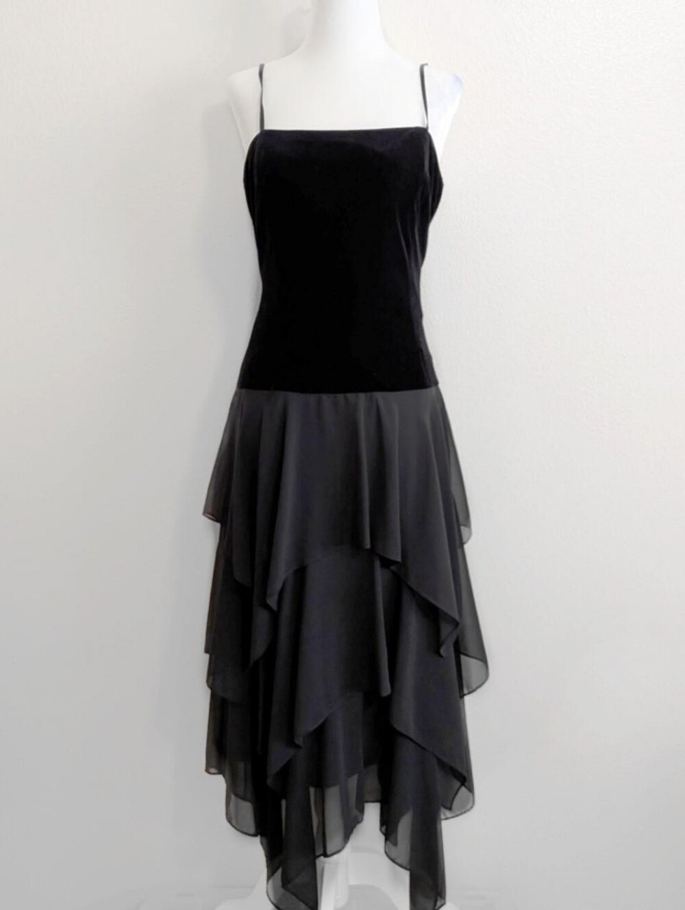 Vintage Eliza J Black Gothic Velvet Chiffon Ruffled Skirt Midi Dress | Size 8